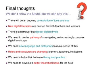 2. Learning Design/Designing for learningShift from belief-based, implicit approaches to design-based, explicit approachesA design-based approach to creation and support of coursesEncourages reflective, scholarly practicesPromotes sharing and discussionAndrew Brasher, Paul Clark, Simon Cross, Juliette Culver, Rebecca Galley, Paul Mundin 