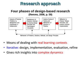 • Means of dealing with real learning contexts
• Iterative: design, implementation, evaluation, refine
• Gives rich insights into complex dynamics
 