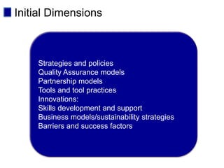 Initial Dimensions



    Strategies and policies
    Quality Assurance models
    Partnership models
    Tools and tool practices
    Innovations:
    Skills development and support
    Business models/sustainability strategies
    Barriers and success factors
 