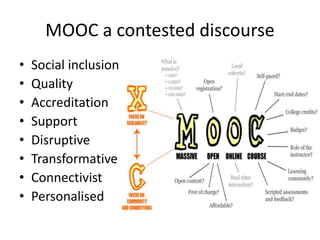 MOOC a contested discourse
• Social inclusion
• Quality
• Accreditation
• Support
• Disruptive
• Transformative
• Connectivist
• Personalised
 