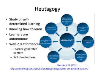Heutagogy
• Study of self-
determined learning
• Knowing how to learn
• Learners are
autonomous
• Web 2.0 affordances
– Learner-generated
content
– Self directedness
http://leolearning.com/2014/03/heutagogy-designing-for-self-directed-learners/
Blaschke, L.M. (2012)
 