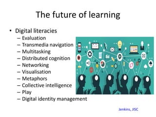 The future of learning
• Digital literacies
– Evaluation
– Transmedia navigation
– Multitasking
– Distributed cognition
– Networking
– Visualisation
– Metaphors
– Collective intelligence
– Play
– Digital identity management
Jenkins, JISC
 