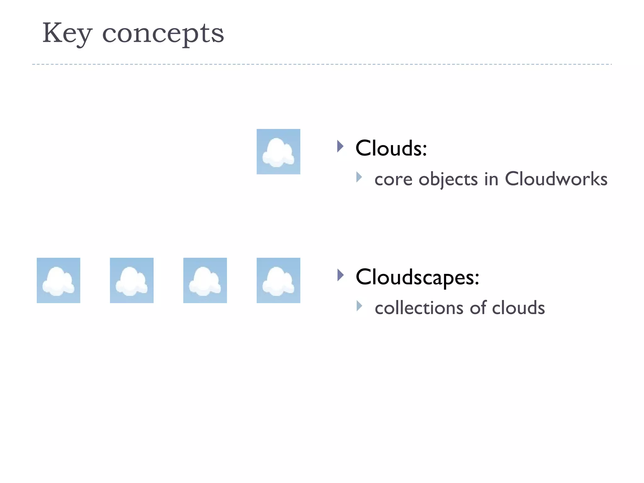 Key concepts Clouds:  core objects in Cloudworks Cloudscapes:  collections of clouds 