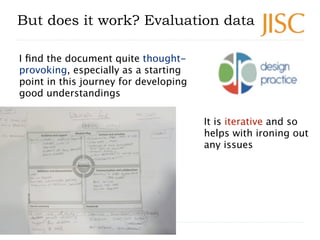But does it work? Evaluation data

I ﬁnd the document quite thought-
provoking, especially as a starting
point in this journey for developing
good understandings

                                       It is iterative and so
                                       helps with ironing out
                                       any issues




9
 