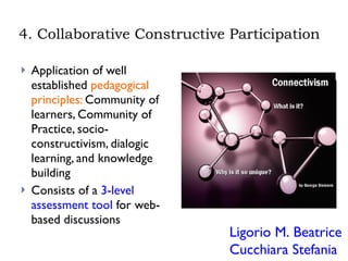 4. Collaborative Constructive Participation Application of well established  pedagogical principles:  Community of learners, Community of Practice, socio-constructivism, dialogic learning, and knowledge building Consists of a  3-level assessment tool  for web-based discussions Ligorio M. Beatrice Cucchiara Stefania 