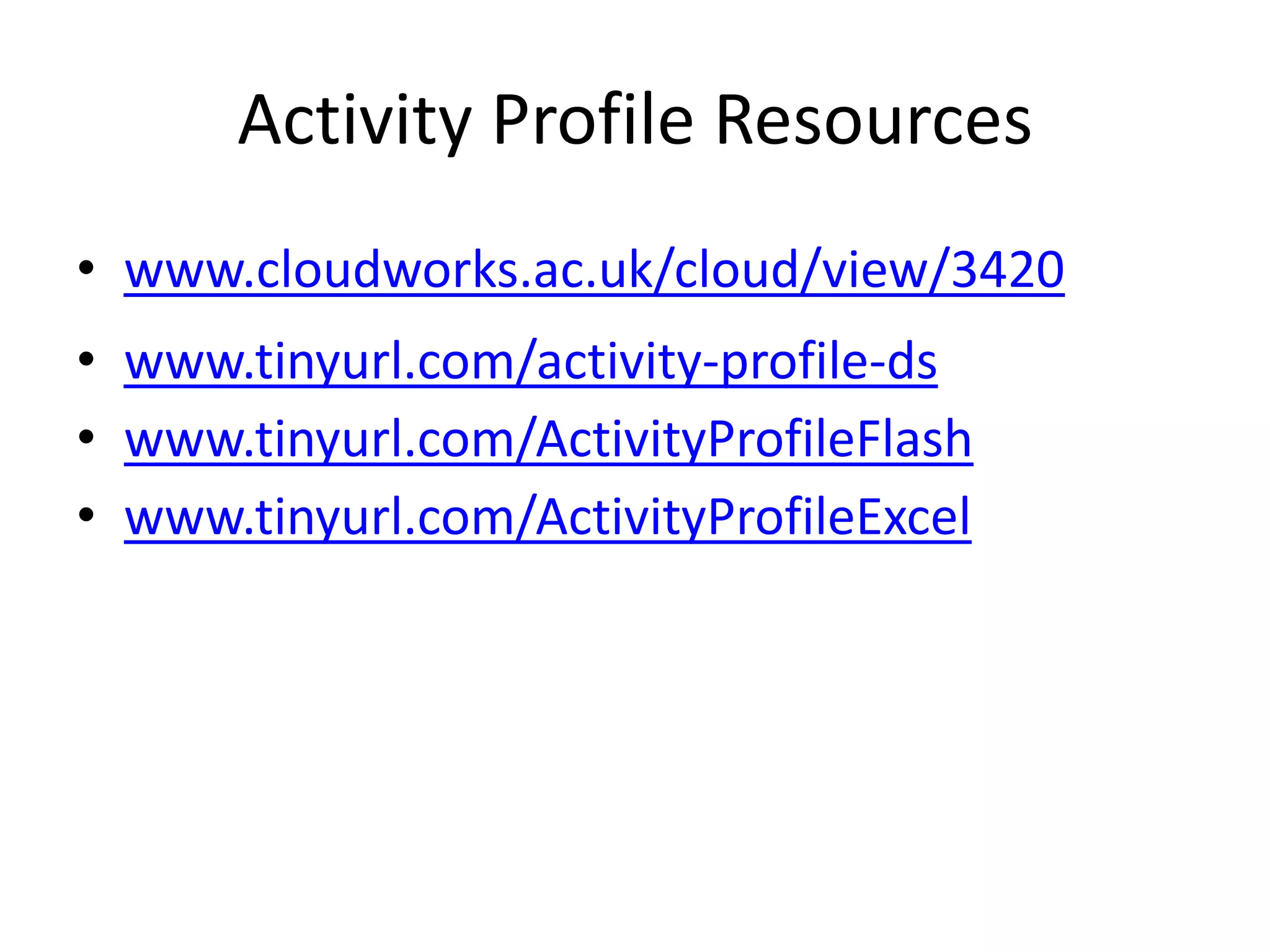 Activity Profile Resources
• www.cloudworks.ac.uk/cloud/view/3420
• www.tinyurl.com/activity-profile-ds
• www.tinyurl.com/ActivityProfileFlash
• www.tinyurl.com/ActivityProfileExcel
 