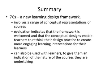 Summary 
• 7Cs – a new learning design framework. 
– involves a range of conceptual representations of 
courses 
– evaluation indicates that the framework is 
welcomed and that the conceptual designs enable 
teachers to rethink their design practice to create 
more engaging learning interventions for their 
learners 
– can also be used with learners, to give them an 
indication of the nature of the courses they are 
undertaking 
 