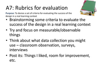 A7: Rubrics for evaluation 
Purpose: To devise a set of criteria for evaluating the success of the 
design in a real learning context 
• Brainstorming some criteria to evaluate the 
success of the design in a real learning context 
• Try and focus on measurable/observable 
things 
• Think about what data collection you might 
use – classroom observation, surveys, 
interviews 
• Post its: Things I liked, room for improvement, 
etc. 
 