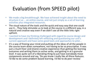 Evaluation (from SPEED pilot)
• We made a big breakthrough. We have achieved insight about the need to
structure it as … an online course, and not just simply as a set of learning
activities plus integrated resources.
• The visual nature of the tools and the quick and easy way that one could
use it... They help stimulate us to look at the course in a different way, in a
natural and creative way even if we didn’t see all the little links right
upfront.
• I wanted to have my thinking challenged with regard to course design and
development and I definitely left reflecting and questioning our unit's
current approach and have some good tools and approaches to pilot...
• It’s a way of freeing your mind and putting all the ideas of all the people in
the course team down somewhere, not having to be so prescriptive. It was
just a much freer and [more] creative experience than getting the learning
outcomes and writing them as active verbs, and getting in at a granular
level. It was quite sort of a liberating thing to just have everybody move
components around and say, ‘Do you know I really like all these features.
I’d like to do some problem-based learning. I’d like to do peer-review.’
 