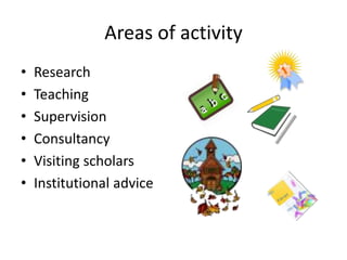 Areas of activity
• Research
• Teaching
• Supervision
• Consultancy
• Visiting scholars
• Institutional advice
 