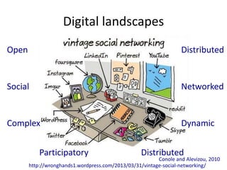 Digital landscapes
http://wronghands1.wordpress.com/2013/03/31/vintage-social-networking/
Open
Social
Distributed
Participatory Distributed
Networked
Complex Dynamic
Conole and Alevizou, 2010
 