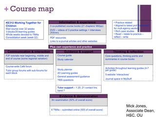 Course map Information & experience PDF resources Links to e-journal articles and other websites Evidence & demonstration 6 TMAs – submitted online (505 of overall score) 3hr examination (50% of overall score) Thinking & reflection Activities throughout learning guides (4-7 per guide) 5 website ‘interactives’ Journal space in MyStuff Core questions, thinking points and summaries in course books Communication & interaction Course-wide Café forum Tutor group forums with sub-forums for each block F2F tutorials near beginning, middle and end of course (some regional variation) Guidance & support Study planner 20 Learning guides General assessment guidance TMA questions Course guide Study calendar KE312 Working Together for Children 60pt course over 32 weeks 3 blocks/20 learning guides Whole weeks devoted to TMAs Consolidation week (week 22) Practice related Aligned to latest prof framework for mult-agency working Rich case studies Read – relate to practice – reflect – write  3 co-published course books (21 chapters/ 960pp) DVD – videos of 3 practice settings + interviews (XXmin) Plus own experience and practice Tutor support  – 1:20; 21 contact hrs; band 7 Mick Jones, Associate Dean, HSC, OU 
