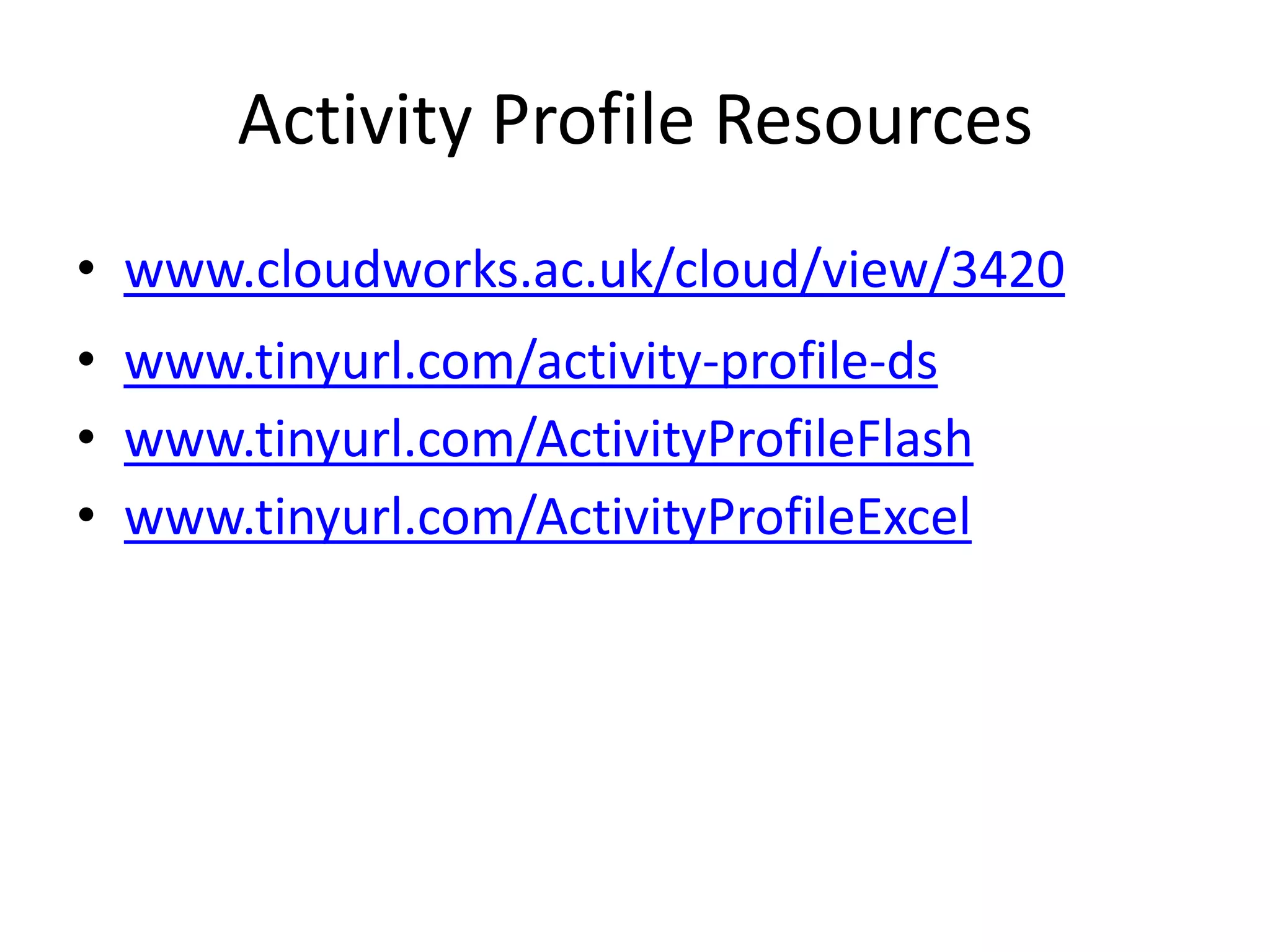 Activity Profile Resources
• www.cloudworks.ac.uk/cloud/view/3420
• www.tinyurl.com/activity-profile-ds
• www.tinyurl.com/ActivityProfileFlash
• www.tinyurl.com/ActivityProfileExcel
 