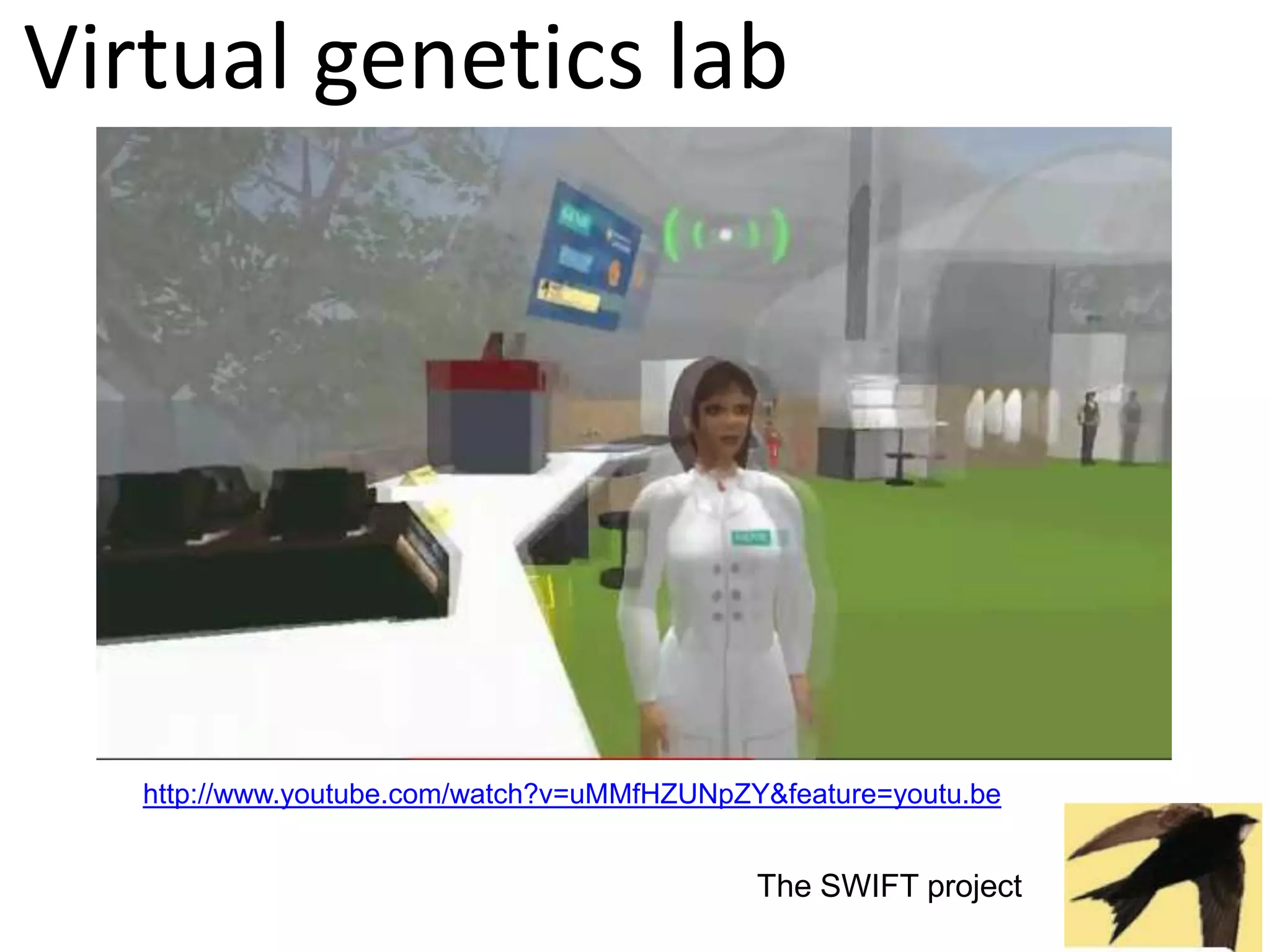 Virtual genetics lab




   http://www.youtube.com/watch?v=uMMfHZUNpZY&feature=youtu.be


                                             The SWIFT project
 