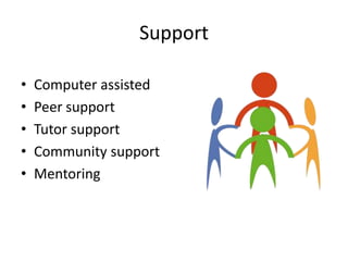 Support

•   Computer assisted
•   Peer support
•   Tutor support
•   Community support
•   Mentoring
 