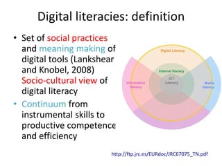 Digital literacies: definition
• Set of social practices
  and meaning making of
  digital tools (Lankshear
  and Knobel, 2008)
  Socio-cultural view of
  digital literacy
• Continuum from
  instrumental skills to
  productive competence
  and efficiency
                        http://ftp.jrc.es/EURdoc/JRC67075_TN.pdf
 