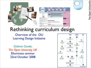 Rethinking curriculum design
    Overview of the OU                                                    Student
                                                                           Tasks
                                                                                                     Student
                                                                                                    Resources
                                                                                                                                      Tutor
                                                                                                                                      Tasks




   Learning Design Initiative                                    Each student selects three
                                                                         countries


                                                                                                                       Check resource ok
                                       LO – skills: how to                                                            for Level 1 students
                                        collaborate with         Group nominate person to
                                             others               eliminate multiple entries
                                                                 and agree dispute process




     Gráinne Conole,
                                                                                               Library key skills support
                                                                                                     pack: internet


                                           LO – skills:            Find and retrieve data
                                        searching of data        about these three countries




The Open University UK
                                         and assessing
                                         quality of data                                               Internet



                                                                 Post research to group wiki                                   What method




  Elluminate seminar
                                                                                                                               used to post?
                                DONE: What if they                                                       Wiki                Written / audio etc.
                                 need more help?




 22nd October 2008                     DONE: Could
                                     nominated person
                                     have greater role?
                                                                                Rest of group
                                                                             Check summary and
                                                                               post comment
                                                                                                        Forum
                                                                                                                            What else could
                                                                                                                            tutor be doing?




                                                               Each student posts at least one
                                                             comment on forum about experience
                                                               of achieving learning outcomes



                                                                  Reflect on tutor feedback                                 Tutor reads comments and
                                                                                                                             gives feedback to group
 