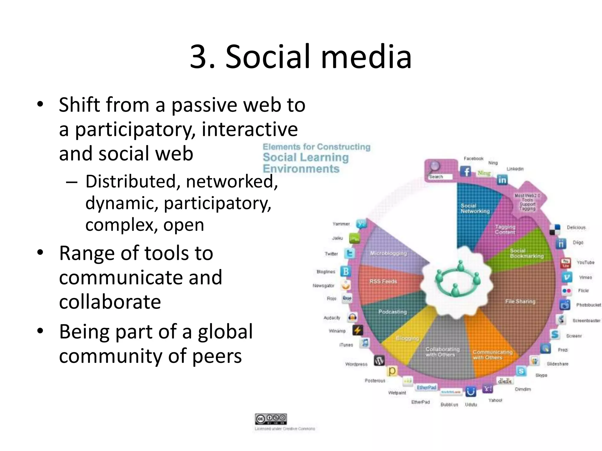 3. Social media
• Shift from a passive web to
a participatory, interactive
and social web
– Distributed, networked,
dynamic, participatory,
complex, open
• Range of tools to
communicate and
collaborate
• Being part of a global
community of peers
 