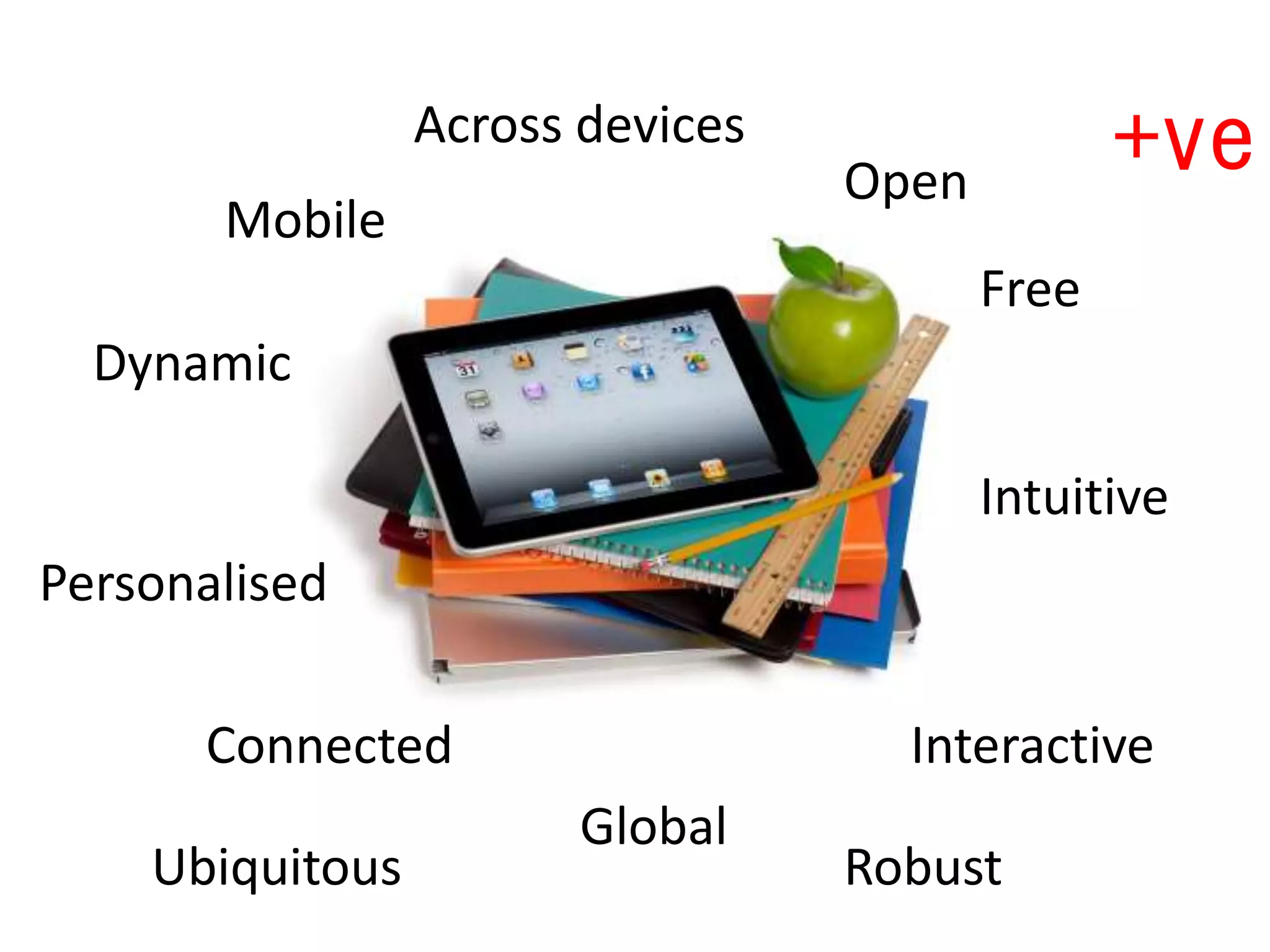 Mobile
Across devices
Dynamic
Personalised
Connected
Free
Interactive
Intuitive
Global
Open
RobustUbiquitous
+ve
 
