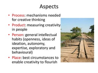 Aspects
• Process: mechanisms needed
  for creative thinking
• Product: measuring creativity
  in people
• Person: general intellectual
  habits (openness, ideas of
  ideation, autonomy,
  expertise, exploratory and
  behavioural)
• Place: best circumstances to
  enable creativity to flourish
 