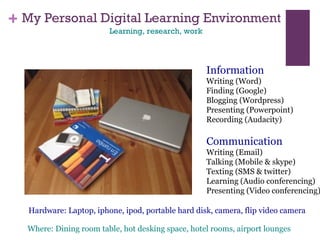 My Personal Digital Learning Environment Information Writing (Word) Finding (Google)  Blogging (Wordpress) Presenting (Powerpoint) Recording (Audacity) Communication Writing (Email) Talking (Mobile & skype) Texting (SMS & twitter) Learning (Audio conferencing) Presenting (Video conferencing) Hardware: Laptop, iphone, ipod, portable hard disk, camera, flip video camera Learning, research, work Where: Dining room table, hot desking space, hotel rooms, airport lounges 