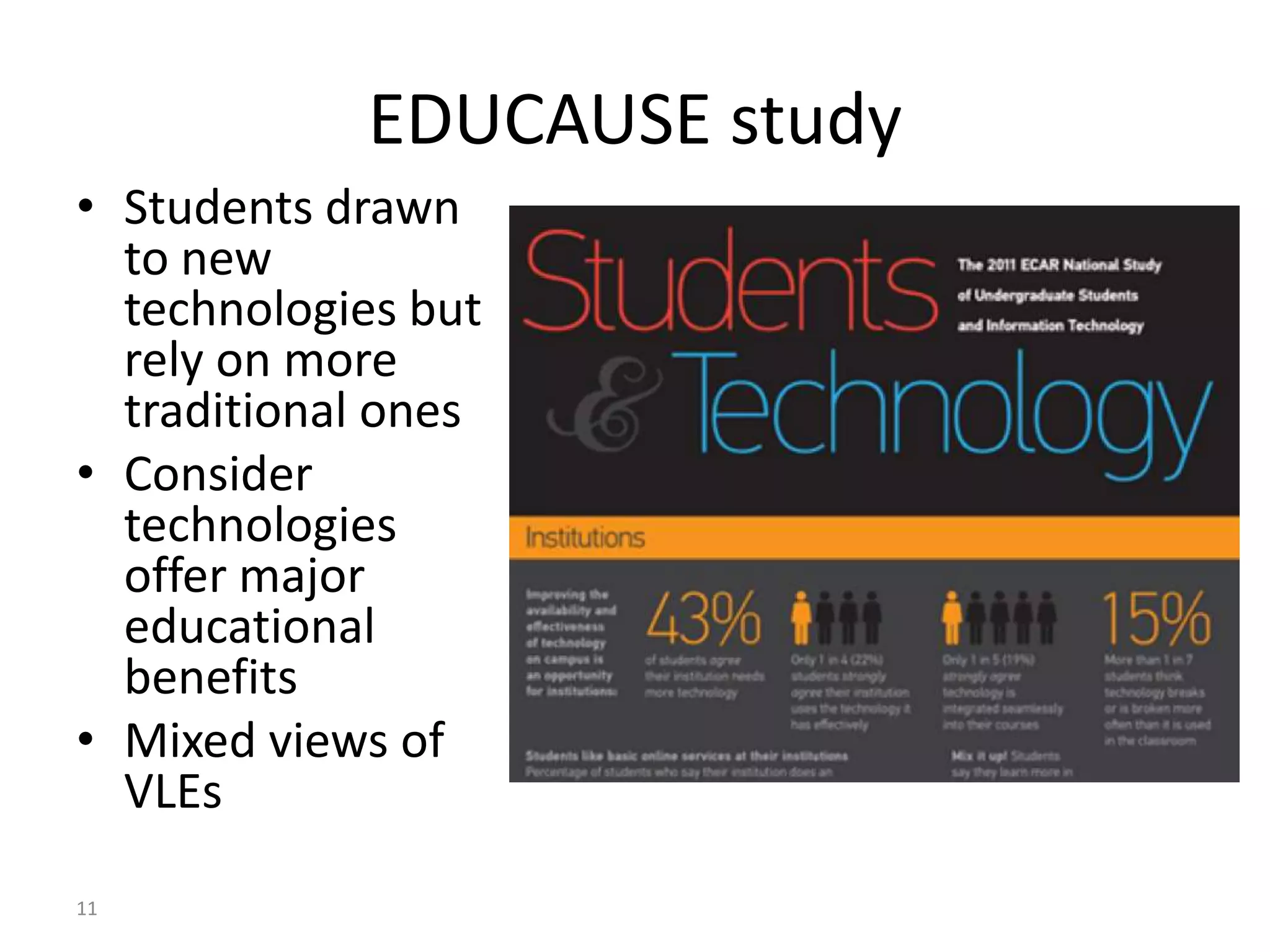 EDUCAUSE study
• Students drawn
  to new
  technologies but
  rely on more
  traditional ones
• Consider
  technologies
  offer major
  educational
  benefits
• Mixed views of
  VLEs

11
 