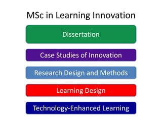 MSc in Learning Innovation
          Dissertation

   Case Studies of Innovation

 Research Design and Methods

        Learning Design

 Technology-Enhanced Learning
 