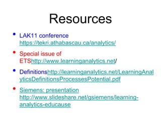 Resources
•   LAK11 conference
    https://tekri.athabascau.ca/analytics/
•   Special issue of
    ETShttp://www.learninganalytics.net/
•   Definitionshttp://learninganalytics.net/LearningAnal
    yticsDefinitionsProcessesPotential.pdf
•   Siemens: presentation
    http://www.slideshare.net/gsiemens/learning-
    analytics-educause
 