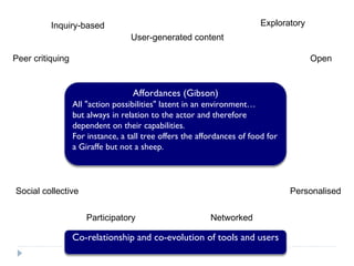 Affordances (Gibson) A ll "action possibilities" latent in  an  environmen t…   but always in relation to the actor and therefore dependent on their capabilities. For instance, a  tall tree offers the affordances of food for a Giraffe but not a sheep. User-generated content Peer critiquing Open Social collective Networked Participatory Personalised Inquiry-based Exploratory Co-relationship and co-evolution of tools and users 