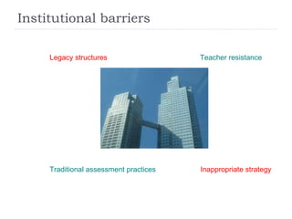 Institutional barriers Legacy structures Teacher resistance Traditional assessment practices Inappropriate strategy 
