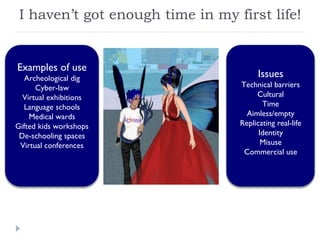 I haven’t got enough time in my first life! Examples of use Archeological dig Cyber-law Virtual exhibitions Language schools Medical wards Gifted kids workshops De-schooling spaces Virtual conferences Issues Technical barriers Cultural Time Aimless/empty Replicating real-life Identity Misuse Commercial use 