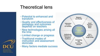 Theoretical lens
− Potential to enhanced and
transform
− Quality and effectiveness of
pedagogy and outcomes
depends on teachers
− New technologies arising all
the time
− Limited change or progress
− Traditional modes of
instruction and assessment
dominate
− Many factors mediate success
 