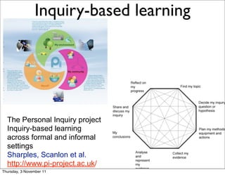 Inquiry-based learning   8




                          My community




  The Personal Inquiry project
  Inquiry-based learning
  across formal and informal
  settings
  Sharples, Scanlon et al.
  http://www.pi-project.ac.uk/
Thursday, 3 November 11
 