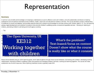 Representation                        15




       The Open University, UK
       KE312                           What’s the problem?
                                  Text-based/focus on content
  Working together                Doesn’t show what the course
                                 is really like or what it consists
   with children


Thursday, 3 November 11
 