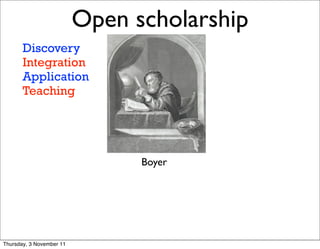 Open scholarship   22




       Discovery
       Integration
       Application
       Teaching




                                Boyer




Thursday, 3 November 11
 