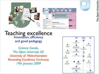 Teaching excellence
     Innovation, efﬁciency                                                 Student
                                                                            Tasks
                                                                                                      Student
                                                                                                     Resources
                                                                                                                                       Tutor
                                                                                                                                       Tasks




      and good pedagogy                                           Each student selects three
                                                                          countries


                                                                                                                        Check resource ok
                                        LO – skills: how to                                                            for Level 1 students




        Gráinne Conole,
                                         collaborate with         Group nominate person to
                                              others               eliminate multiple entries
                                                                  and agree dispute process
                                                                                                Library key skills support
                                                                                                      pack: internet




    The Open University UK                  LO – skills:
                                         searching of data
                                          and assessing
                                          quality of data
                                                                    Find and retrieve data
                                                                  about these three countries

                                                                                                        Internet




  University of Wolverhampton    DONE: What if they
                                                                  Post research to group wiki

                                                                                                          Wiki
                                                                                                                                What method
                                                                                                                                used to post?
                                                                                                                              Written / audio etc.




 Rewarding Excellence Ceremony
                                  need more help?




                                                                                                         Forum



      19th January 2009
                                                                                                                             What else could
                                        DONE: Could                              Rest of group                               tutor be doing?
                                      nominated person                        Check summary and
                                      have greater role?                        post comment




                                                                Each student posts at least one
                                                              comment on forum about experience
                                                                of achieving learning outcomes



                                                                   Reflect on tutor feedback                                 Tutor reads comments and
                                                                                                                              gives feedback to group
 