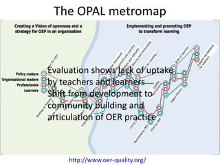 The OPAL metromap



Evaluation shows lack of uptake
by teachers and learners
Shift from development to
community building and
articulation of OER practice



     http://www.oer-quality.org/
 