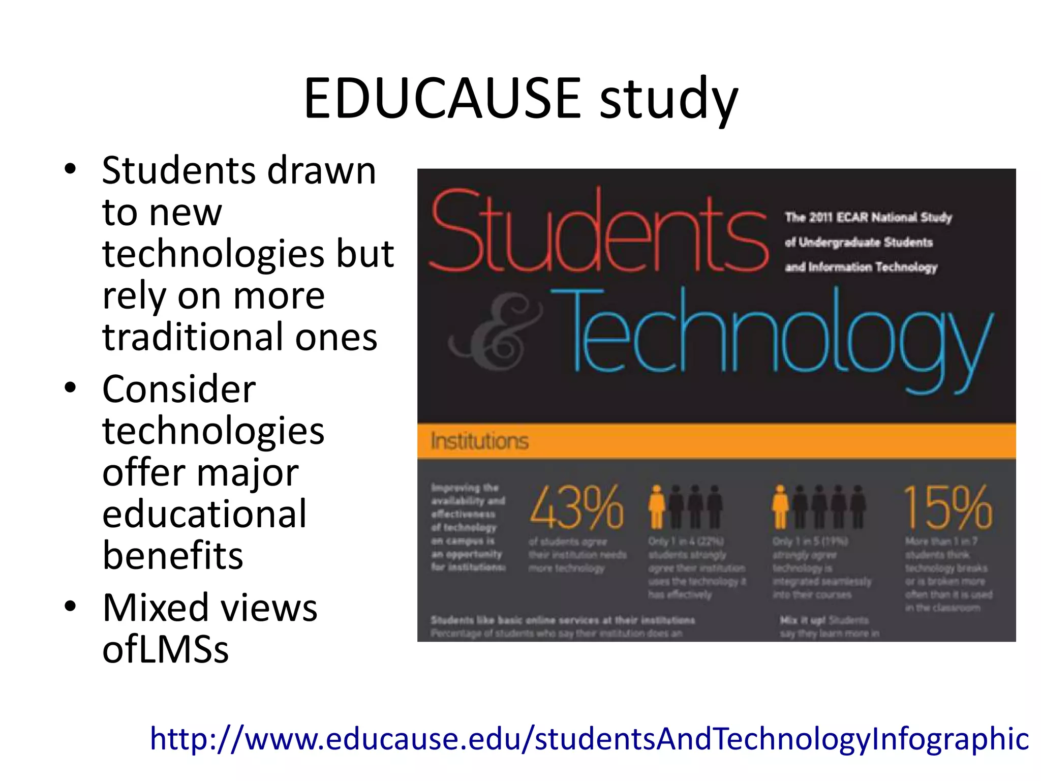 EDUCAUSE study
• Students drawn
  to new
  technologies but
  rely on more
  traditional ones
• Consider
  technologies
  offer major
  educational
  benefits
• Mixed views
  ofLMSs

    http://www.educause.edu/studentsAndTechnologyInfographic
 