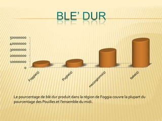 0
10000000
20000000
30000000
40000000
50000000
Le pourcentage de blé dur produit dans la région de Foggia couvre la plupart du
pourcentage des Pouilles et l'ensemble du midi.
 