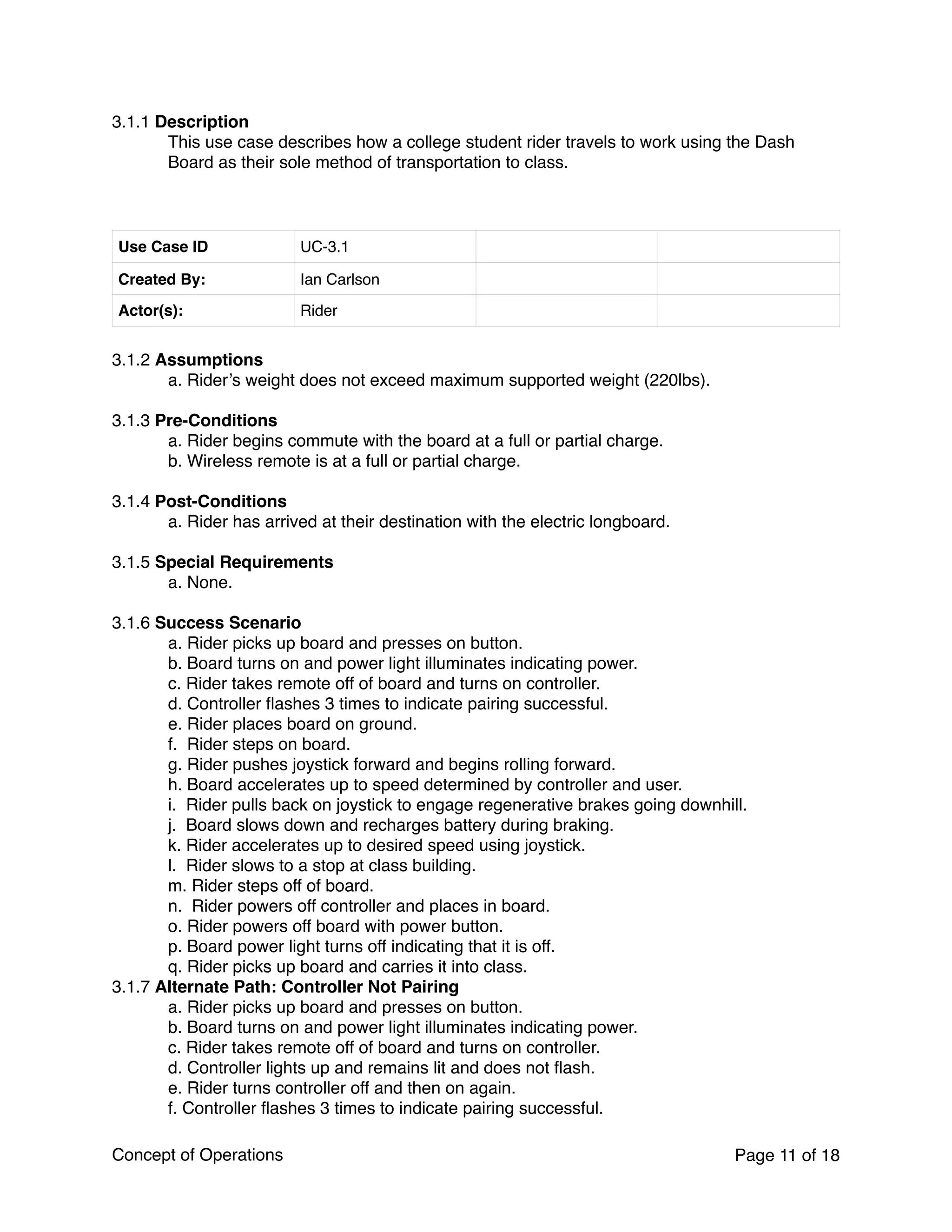 3.1.1 Description
This use case describes how a college student rider travels to work using the Dash
Board as their sole method of transportation to class.
3.1.2 Assumptions
a. Rider’s weight does not exceed maximum supported weight (220lbs).
3.1.3 Pre-Conditions
a. Rider begins commute with the board at a full or partial charge.
b. Wireless remote is at a full or partial charge.
3.1.4 Post-Conditions
a. Rider has arrived at their destination with the electric longboard.
3.1.5 Special Requirements
a. None.
3.1.6 Success Scenario
a. Rider picks up board and presses on button.
b. Board turns on and power light illuminates indicating power.
c. Rider takes remote off of board and turns on controller.
d. Controller ﬂashes 3 times to indicate pairing successful.
e. Rider places board on ground.
f. Rider steps on board.
g. Rider pushes joystick forward and begins rolling forward.
h. Board accelerates up to speed determined by controller and user.
i. Rider pulls back on joystick to engage regenerative brakes going downhill.
j. Board slows down and recharges battery during braking.
k. Rider accelerates up to desired speed using joystick.
l. Rider slows to a stop at class building.
m. Rider steps off of board.
n. Rider powers off controller and places in board.
o. Rider powers off board with power button.
p. Board power light turns off indicating that it is off.
q. Rider picks up board and carries it into class.
3.1.7 Alternate Path: Controller Not Pairing
a. Rider picks up board and presses on button.
b. Board turns on and power light illuminates indicating power.
c. Rider takes remote off of board and turns on controller.
d. Controller lights up and remains lit and does not ﬂash.
e. Rider turns controller off and then on again.
f. Controller ﬂashes 3 times to indicate pairing successful.
Use Case ID UC-3.1
Created By: Ian Carlson
Actor(s): Rider
Concept of Operations Page of11 18
 