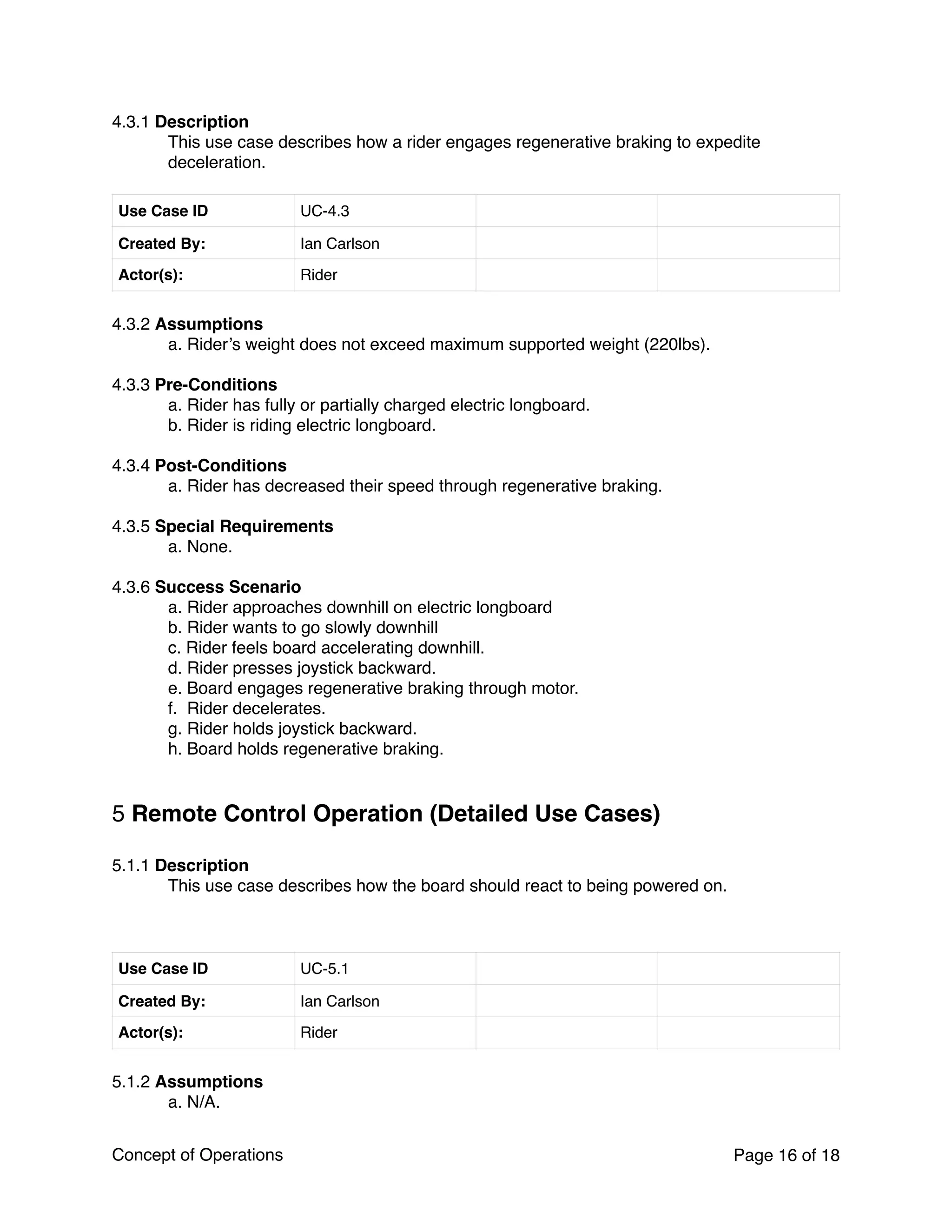 4.3.1 Description
This use case describes how a rider engages regenerative braking to expedite
deceleration.
4.3.2 Assumptions
a. Rider’s weight does not exceed maximum supported weight (220lbs).
4.3.3 Pre-Conditions
a. Rider has fully or partially charged electric longboard.
b. Rider is riding electric longboard.
4.3.4 Post-Conditions
a. Rider has decreased their speed through regenerative braking.
4.3.5 Special Requirements
a. None.
4.3.6 Success Scenario
a. Rider approaches downhill on electric longboard
b. Rider wants to go slowly downhill
c. Rider feels board accelerating downhill.
d. Rider presses joystick backward.
e. Board engages regenerative braking through motor.
f. Rider decelerates.
g. Rider holds joystick backward.
h. Board holds regenerative braking.
5 Remote Control Operation (Detailed Use Cases)
5.1.1 Description
This use case describes how the board should react to being powered on.
5.1.2 Assumptions
a. N/A.
Use Case ID UC-4.3
Created By: Ian Carlson
Actor(s): Rider
Use Case ID UC-5.1
Created By: Ian Carlson
Actor(s): Rider
Concept of Operations Page of16 18
 