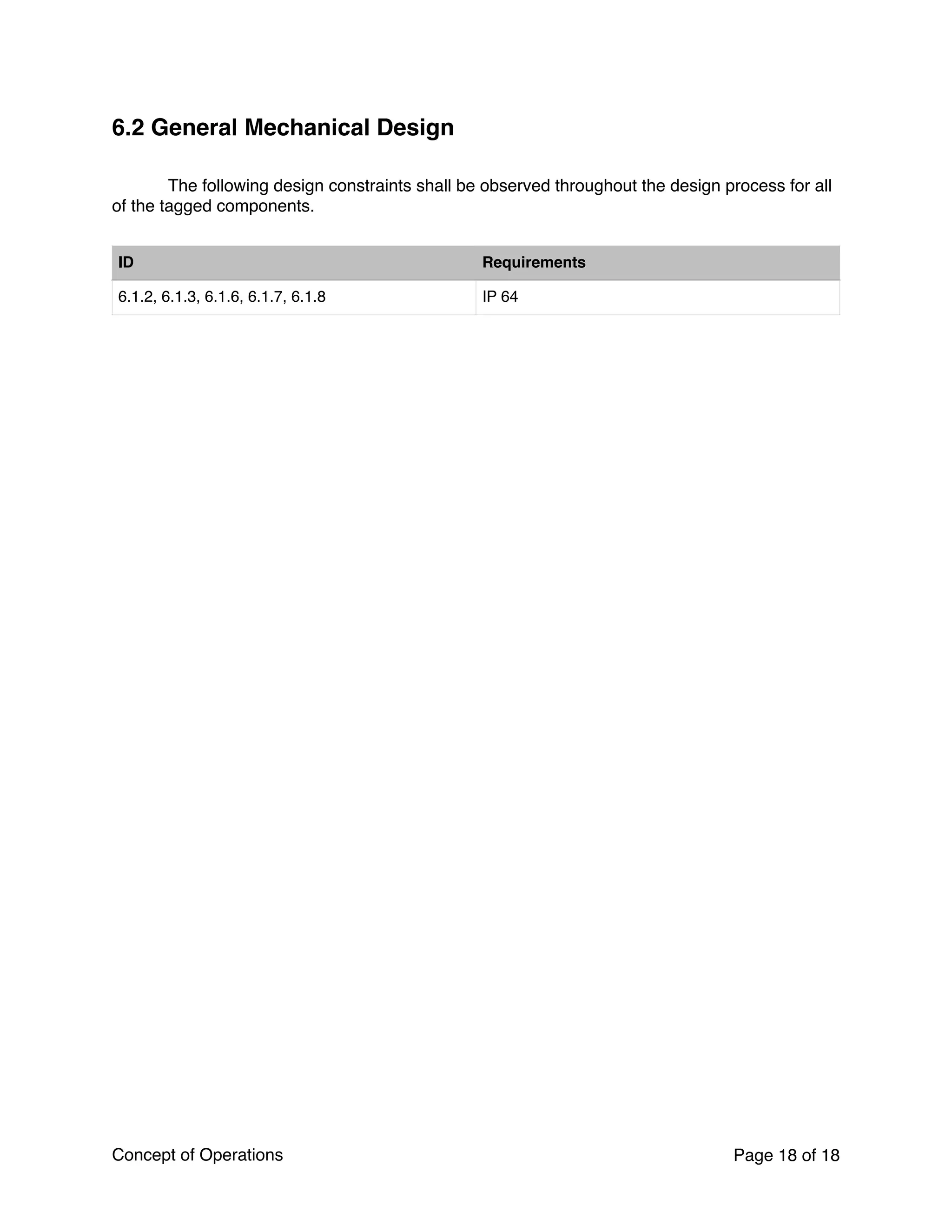 6.2 General Mechanical Design
The following design constraints shall be observed throughout the design process for all
of the tagged components.
ID Requirements
6.1.2, 6.1.3, 6.1.6, 6.1.7, 6.1.8 IP 64
Concept of Operations Page of18 18
 