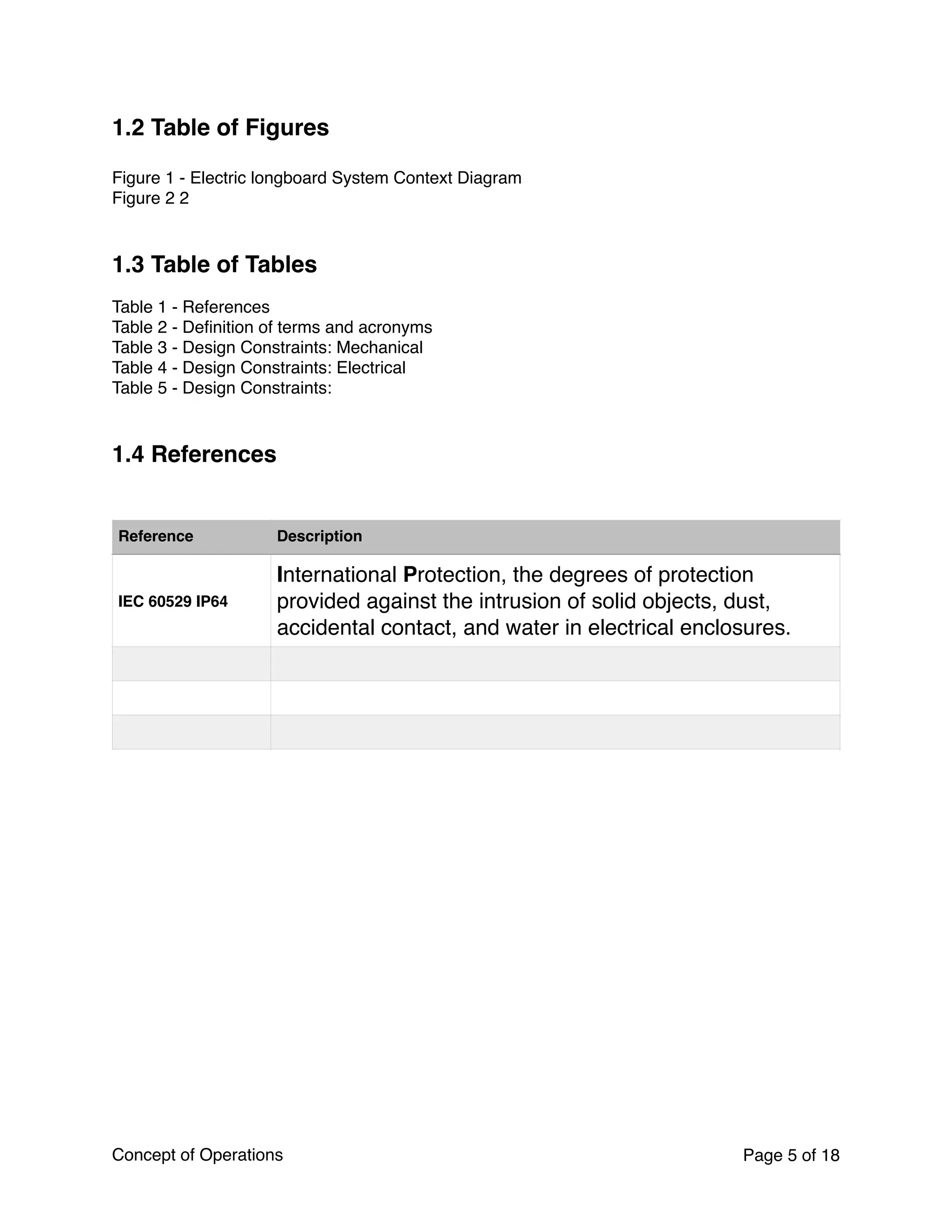 1.2 Table of Figures
Figure 1 - Electric longboard System Context Diagram
Figure 2 2
1.3 Table of Tables
Table 1 - References
Table 2 - Deﬁnition of terms and acronyms
Table 3 - Design Constraints: Mechanical
Table 4 - Design Constraints: Electrical
Table 5 - Design Constraints:
1.4 References
Concept of Operations Page of5 18
Reference Description
IEC 60529 IP64
International Protection, the degrees of protection
provided against the intrusion of solid objects, dust,
accidental contact, and water in electrical enclosures.
 