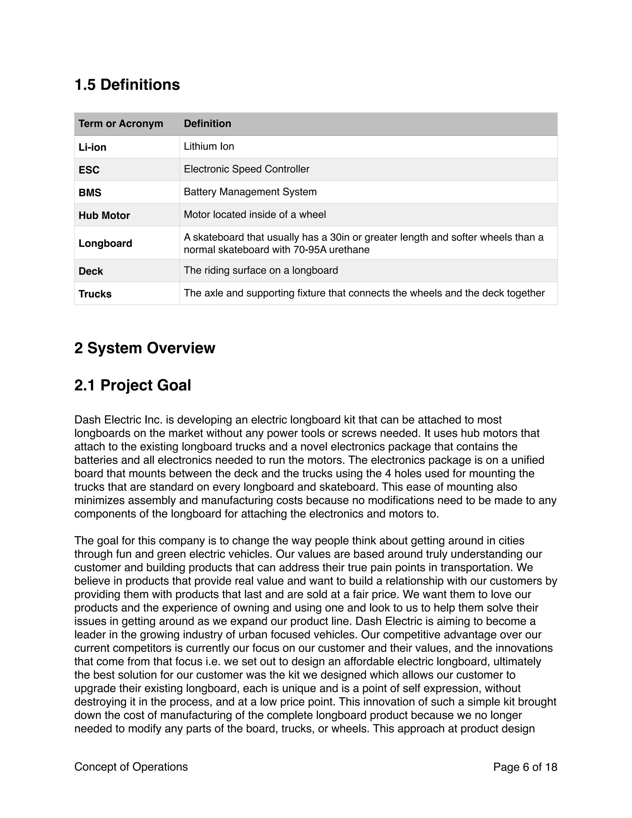 1.5 Deﬁnitions
2 System Overview
2.1 Project Goal
Dash Electric Inc. is developing an electric longboard kit that can be attached to most
longboards on the market without any power tools or screws needed. It uses hub motors that
attach to the existing longboard trucks and a novel electronics package that contains the
batteries and all electronics needed to run the motors. The electronics package is on a uniﬁed
board that mounts between the deck and the trucks using the 4 holes used for mounting the
trucks that are standard on every longboard and skateboard. This ease of mounting also
minimizes assembly and manufacturing costs because no modiﬁcations need to be made to any
components of the longboard for attaching the electronics and motors to.
The goal for this company is to change the way people think about getting around in cities
through fun and green electric vehicles. Our values are based around truly understanding our
customer and building products that can address their true pain points in transportation. We
believe in products that provide real value and want to build a relationship with our customers by
providing them with products that last and are sold at a fair price. We want them to love our
products and the experience of owning and using one and look to us to help them solve their
issues in getting around as we expand our product line. Dash Electric is aiming to become a
leader in the growing industry of urban focused vehicles. Our competitive advantage over our
current competitors is currently our focus on our customer and their values, and the innovations
that come from that focus i.e. we set out to design an affordable electric longboard, ultimately
the best solution for our customer was the kit we designed which allows our customer to
upgrade their existing longboard, each is unique and is a point of self expression, without
destroying it in the process, and at a low price point. This innovation of such a simple kit brought
down the cost of manufacturing of the complete longboard product because we no longer
needed to modify any parts of the board, trucks, or wheels. This approach at product design
Term or Acronym Deﬁnition
Li-ion Lithium Ion
ESC Electronic Speed Controller
BMS Battery Management System
Hub Motor Motor located inside of a wheel
Longboard
A skateboard that usually has a 30in or greater length and softer wheels than a
normal skateboard with 70-95A urethane
Deck The riding surface on a longboard
Trucks The axle and supporting ﬁxture that connects the wheels and the deck together
Concept of Operations Page of6 18
 
