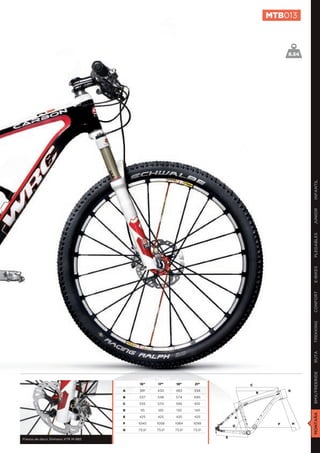 MTB013



                                                                                              8.54




                                                                                                      INFANTIL
                                                                                                      JUNIOR
                                                                                                      PLEGABLES
                                                                                                      E-BIKES
                                                                                                      CONFORT
                                                                                                      TREKKING
                                                                                                      RUTA
                                                                                                      BMX/FREERIDE




                                        15”     17”     19”     21”             C
                                    A   381     430     483     534                           D
                                                                                    B
                                    B   537     548     574     695

                                    C   555     570     595     610

                                    D    115    120     130     140
                                                                                                      MONTAÑA




                                    E   425     425     425     425         A
                                    F   1040    1058    1084    1099                      F       H
                                                                            G
                                    G   73,5º   73,5º   73,5º   73,5º

                                                                        E
Frenos de disco Shimano XTR M-985
 