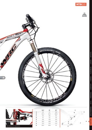 MTB031



                                                                            11.3




                                                                                       INFANTIL
                                                                                       JUNIOR
                                                                                       PLEGABLES
                                                                                       E-BIKES
                                                                                       CONFORT
                                                                                       TREKKING
                                                                                       RUTA
                                                                                       BMX/FREERIDE




                                  16,5”    18”    20”             C

                              A   420     457     508                        D
                                                              B
                              B   536,7   565,7   588,8

                              C   555     585     610

                              D    110    120     140
                                                                                       MONTAÑA




                              E   430     430     430

                              F   1067    1095    1118    A                        H

                              G   73,5º   73,5º   73,5º   G             F

                              H   69,5º   69,8º   70º
Basculantes con rodamientos                               E
 