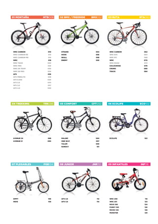 01 MONTAÑA      MTB008   02 BMX / FREERIDE   BMX052   03 RUTA         RTA060




WRC CARBON        010    STRAND                054    WRC CARBON        062
WRC CARBON RS     012    HOOK                  056    WRC B76           064
WRC CARBON M9     016    SKULL                 058    WRC R11           068
WRC               018    ENEMY                 059    WRC               070
WRC TEAM          020                                 WRC ROAD          072
WRC PRO           026                                 CICLOCROSS        076
WRC DS TEAM       030                                 CRONO             080
WRC DS PRO        034                                 TRACK             084
AFX               036
AFX FREELITE      038
AFX 8.500         040
AFX 2.0           044
AFX 3.0           047
AFX 4.0           050




04 TREKKING     TRK086   05 CONFORT          CFT092   06 ECOLIFE      ECO102




AVENUE 24         088    MALIBÚ                094    ECOLIFE           102
AVENUE 21         090    ONE WAY               097
                         TULUM                 099
                         SUNDAY                 101




07 PLEGABLES    PGB104   08 JUNIOR           JNR110   09 INFANTILES   INF116
                                                                      MTB013




ZIPPY             106    AFX 2.6                112   WRC 206            118
INDIE             108    AFX 3.6                114   WRC 201            123
                                                      ROCK 180          124
                                                      FUNKY 160         126
                                                      MICRO 140          128
                                                      MONSTER           129
 
