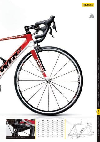 RTA065



                                                                                           6.7




                                                                                                     INFANTIL
                                                                                                     JUNIOR
                                                                                                     PLEGABLES
                                                                                                     E-BIKES
                                                                                                     CONFORT
                                                                                                     TREKKING
                                                                                                     RUTA
                                                                                                     BMX/FREERIDE




                                                                                   C
                                        43      45     49    53     56
                                                                                   B
                                   A   430     450     490   530   560

                                   B   497     514     524   546   562                     D

                                   C   510     530     546   565   580

                                   D   100      115    140   160   180
                                                                                                     MONTAÑA




                                   E   406     406     406   406   406         A
                                   F   964     972     974   993   999                           H
                                                                               G
                                   G   74,5º   74º     73º   73º   72,5º

                                   H   71,5º   72,5º   73º   73º   73,5º               F
Cambio Shimano Dura Ace 7970 10v
                                                                           E
 