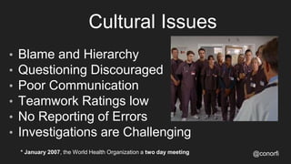Cultural Issues
• Blame and Hierarchy
• Questioning Discouraged
• Poor Communication
• Teamwork Ratings low
• No Reporting of Errors
• Investigations are Challenging
@conorfi* January 2007, the World Health Organization a two day meeting
 