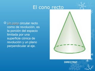 El cono recto
V
 Un cono circular recto
como de revolución, es
la porción del espacio
limitada por una
superficie cónica de
revolución y un plano
perpendicular al eje.

A

O

DIRECTRIZ

 